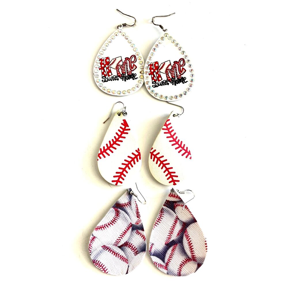 Set of three earrings. Tear drop baseball designs. Home Sweet Home